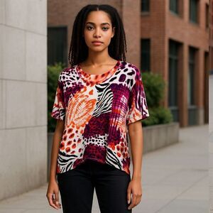 Ruby Rd. Vibrant Purple and Orange Animal Print Top
